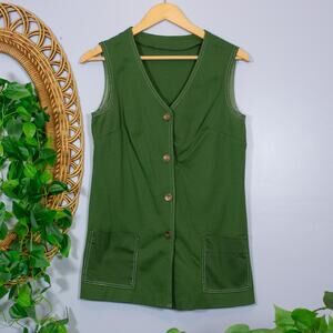 Vtg 70s Olive Utility Vest Contrast Stitch Longline Boho Long Button True Autumn